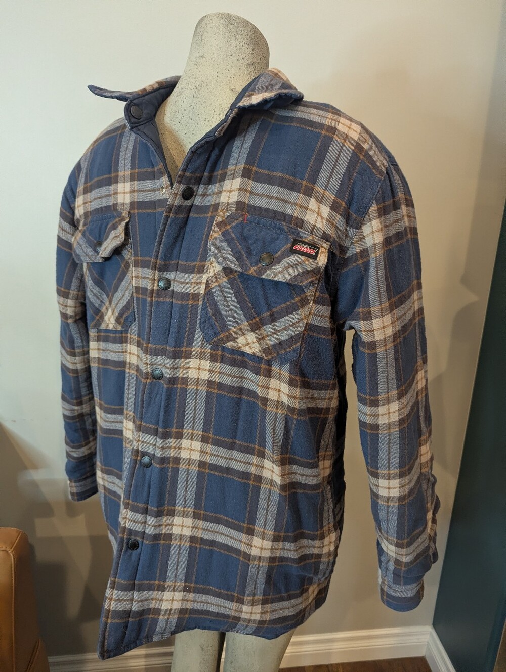 Dickies Navy, Tan & Brown Plaid Lightweight Reversible Quilted Shirt Jacket Sz L